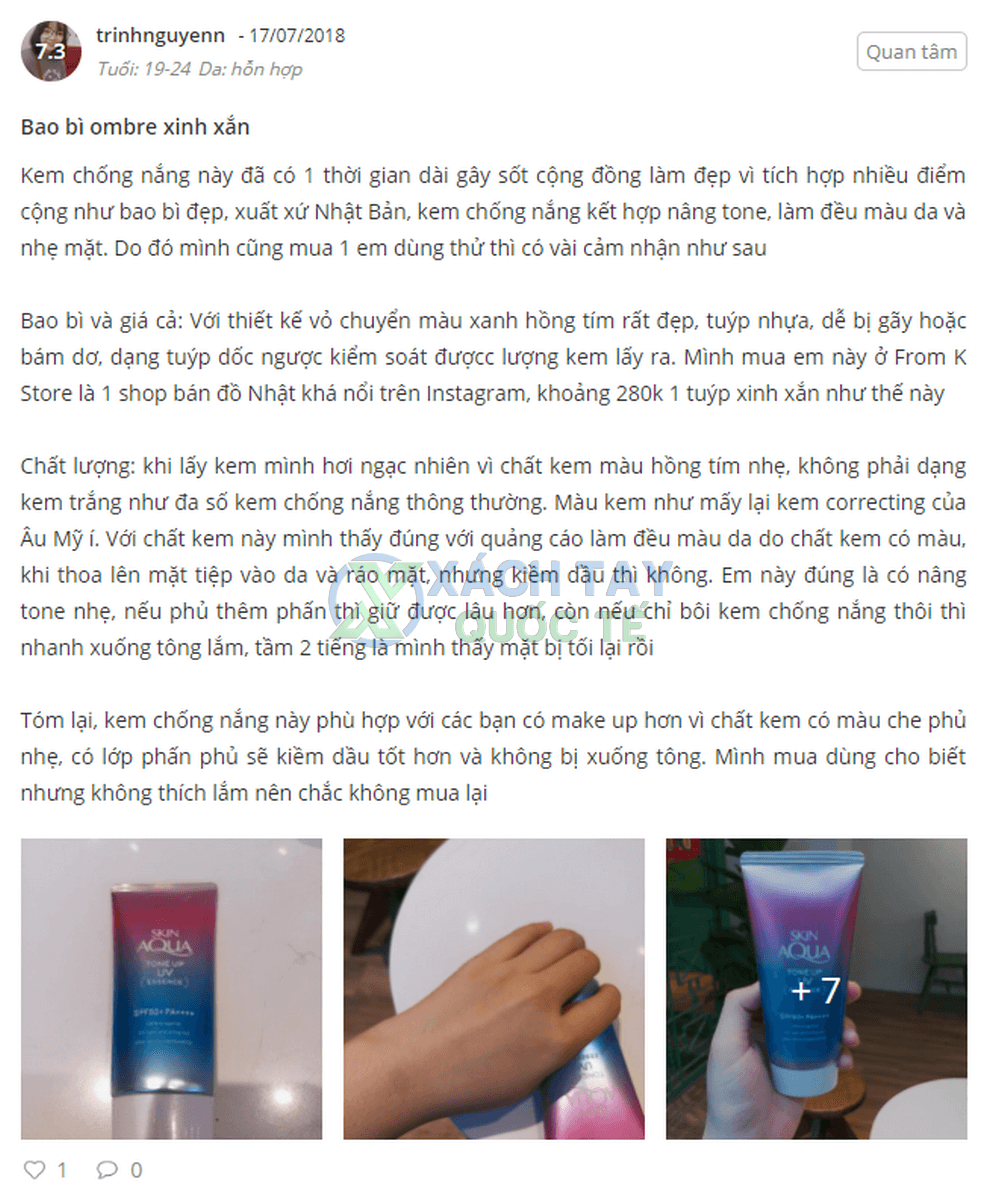 Review Kem chống nắng Skin Aqua Tone Up UV Essence Nhật Bản