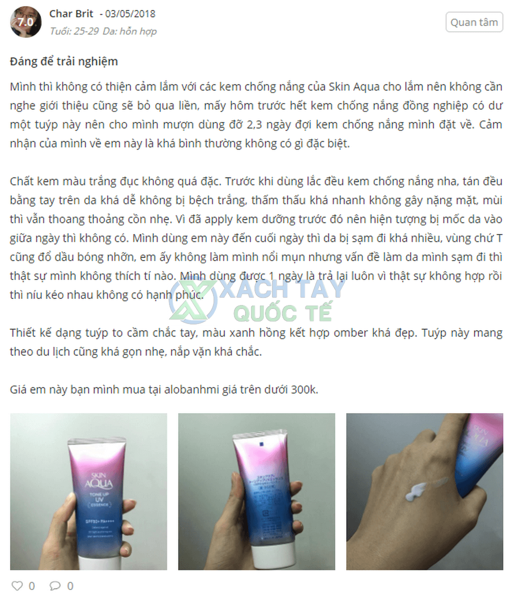 Review Kem chống nắng Skin Aqua Tone Up UV Essence Nhật Bản